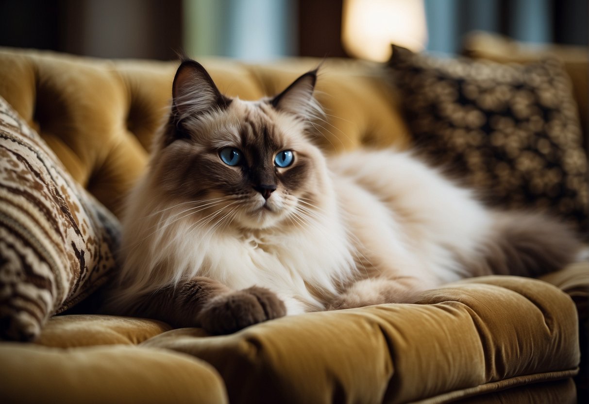 A luxurious ragdoll cat lounges on a plush velvet cushion, surrounded by opulent decor and elegant furnishings