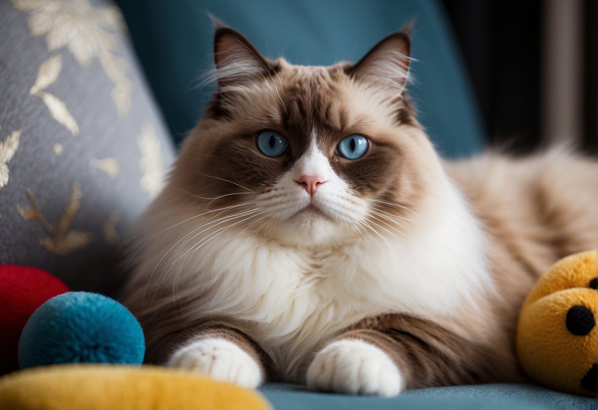 A regal ragdoll cat lounges on a plush cushion, surrounded by luxurious toys and grooming supplies. Its serene expression reflects the high cost of this elegant breed