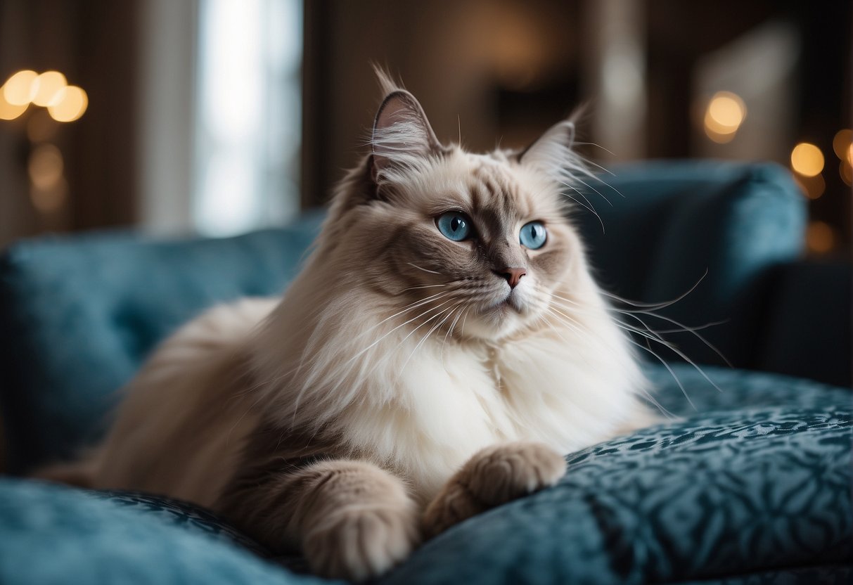 A regal, fluffy ragdoll cat sits on a luxurious cushion, surrounded by opulent decor. Its piercing blue eyes exude an air of elegance and grace