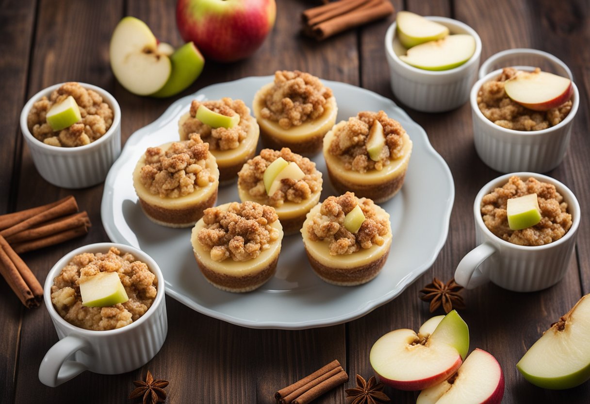 A table with mini cheesecakes topped with apple crisp, surrounded by cinnamon sticks and fresh apple slices