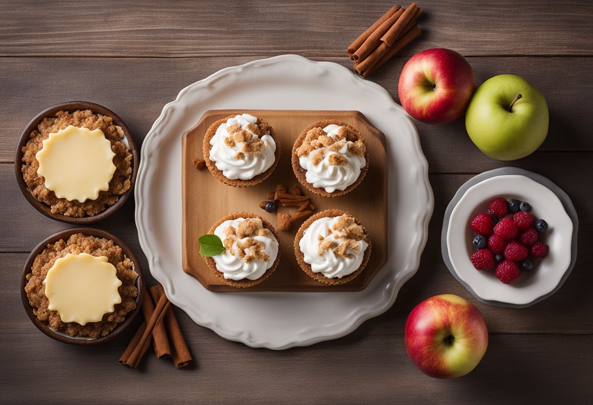 A table with a rustic wooden surface holds a platter of apple crisp mini cheesecakes. A dollop of whipped cream tops each dessert, and a sprinkle of cinnamon adds a finishing touch