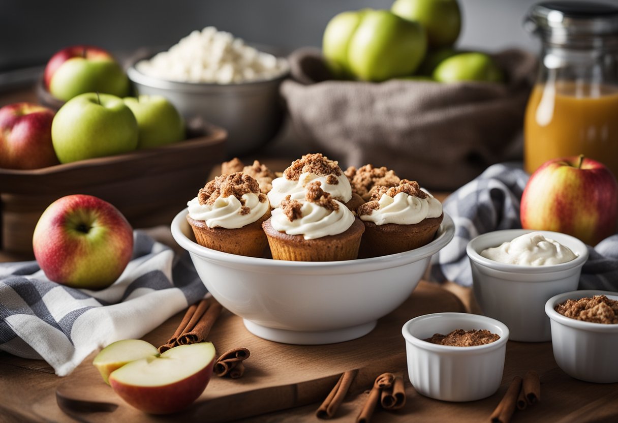 Fresh apples, cinnamon, and cream cheese on a kitchen counter. Mixing bowls, measuring cups, and a muffin tin laid out for baking