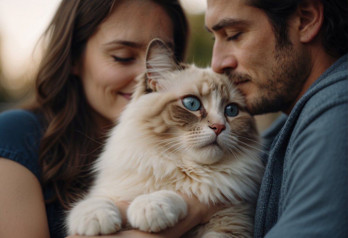 A ragdoll cat nuzzles against its owner, purring contently
