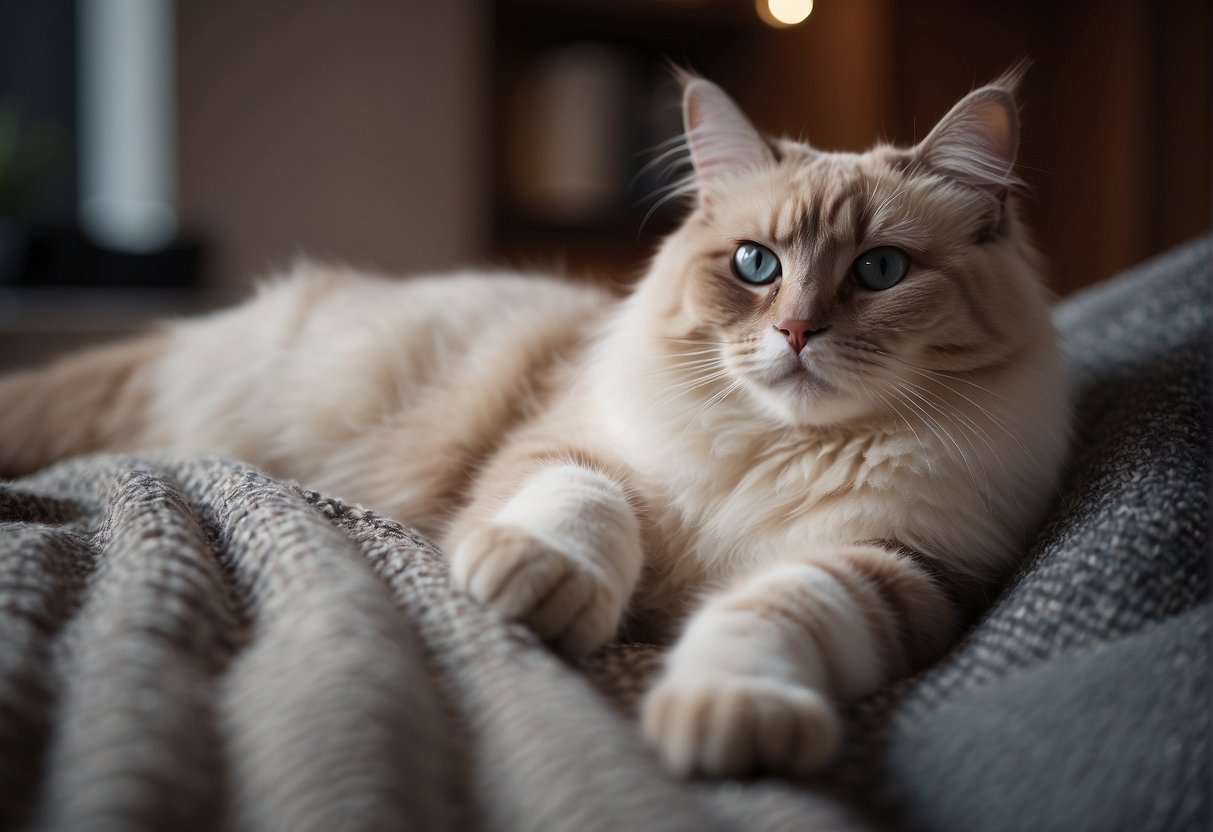 A Ragdoll cat lounges on a cozy blanket, gazing lovingly at its owner with a relaxed and affectionate expression
