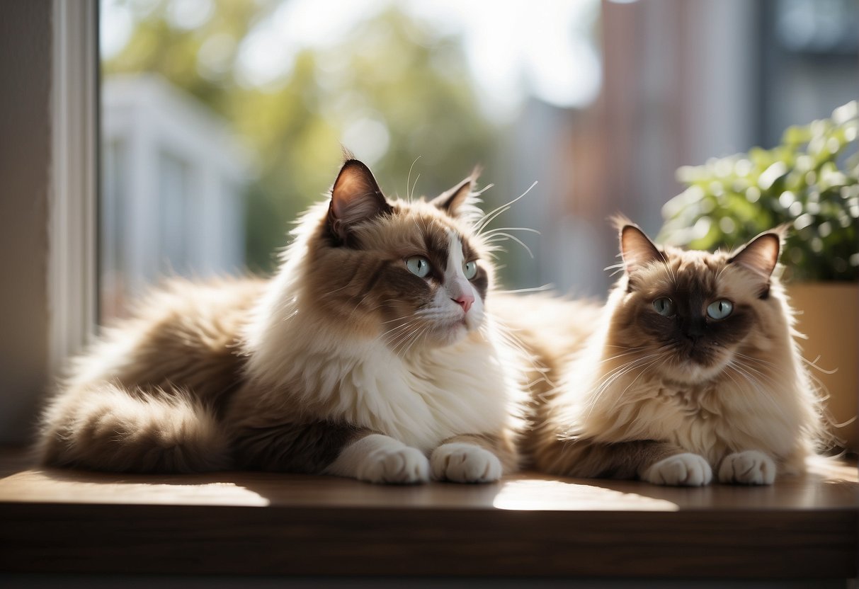 Two ragdoll cats lounging on a cozy, sunlit window sill, nuzzling each other affectionately