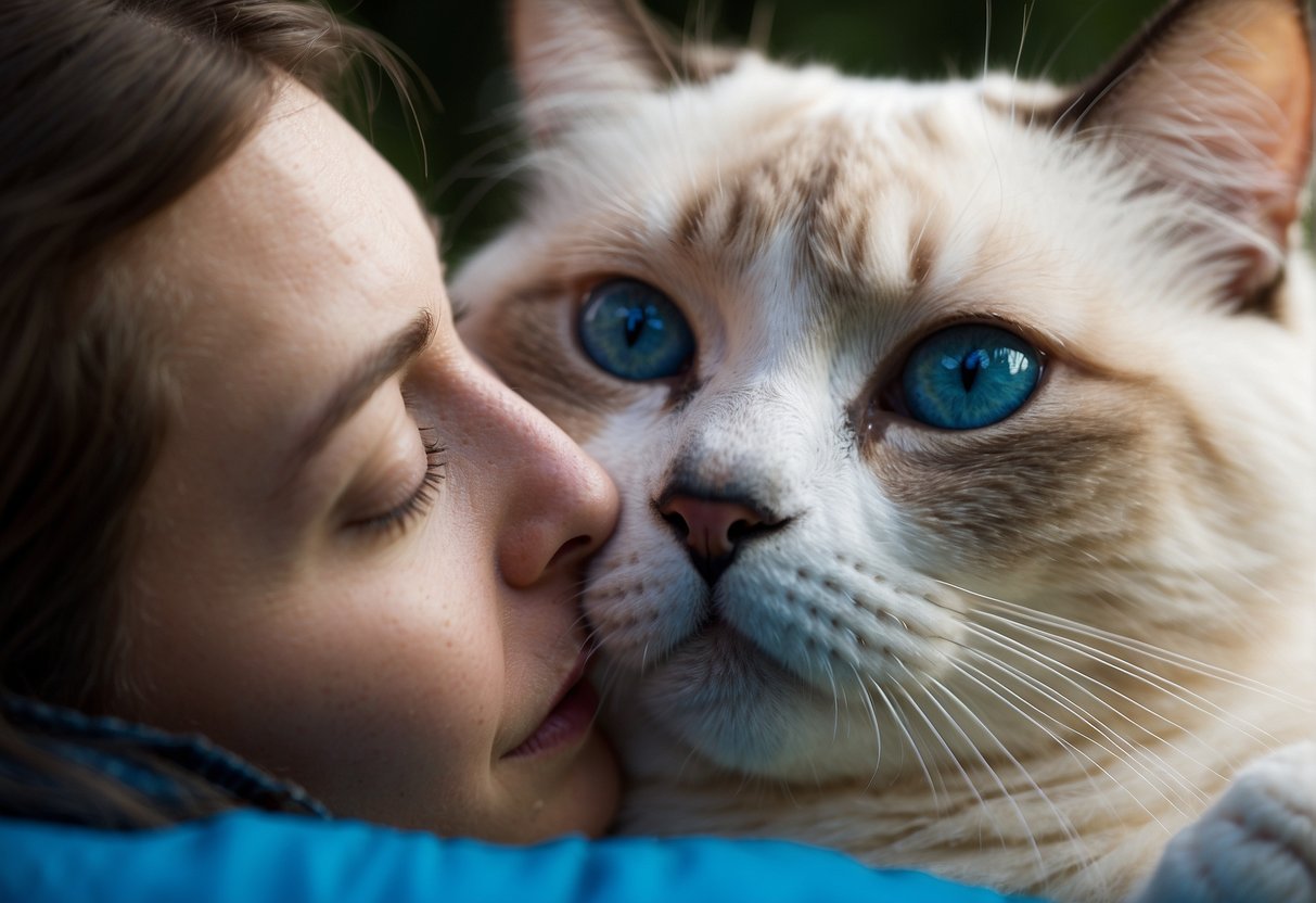 A ragdoll cat nuzzles against a person's leg, purring affectionately. Its large, blue eyes gaze up lovingly as it seeks attention