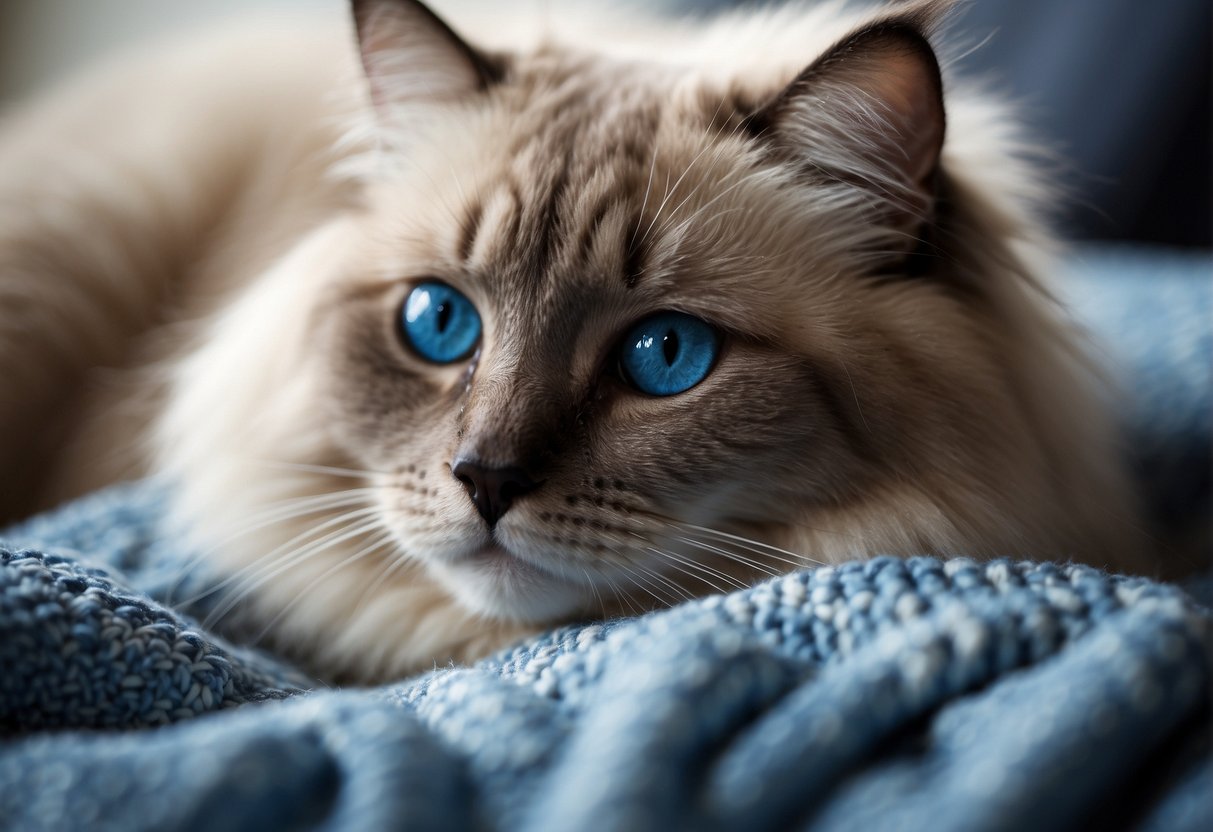 A Ragdoll cat lying on a soft blanket, gazing affectionately at the viewer with its big blue eyes and relaxed, floppy body