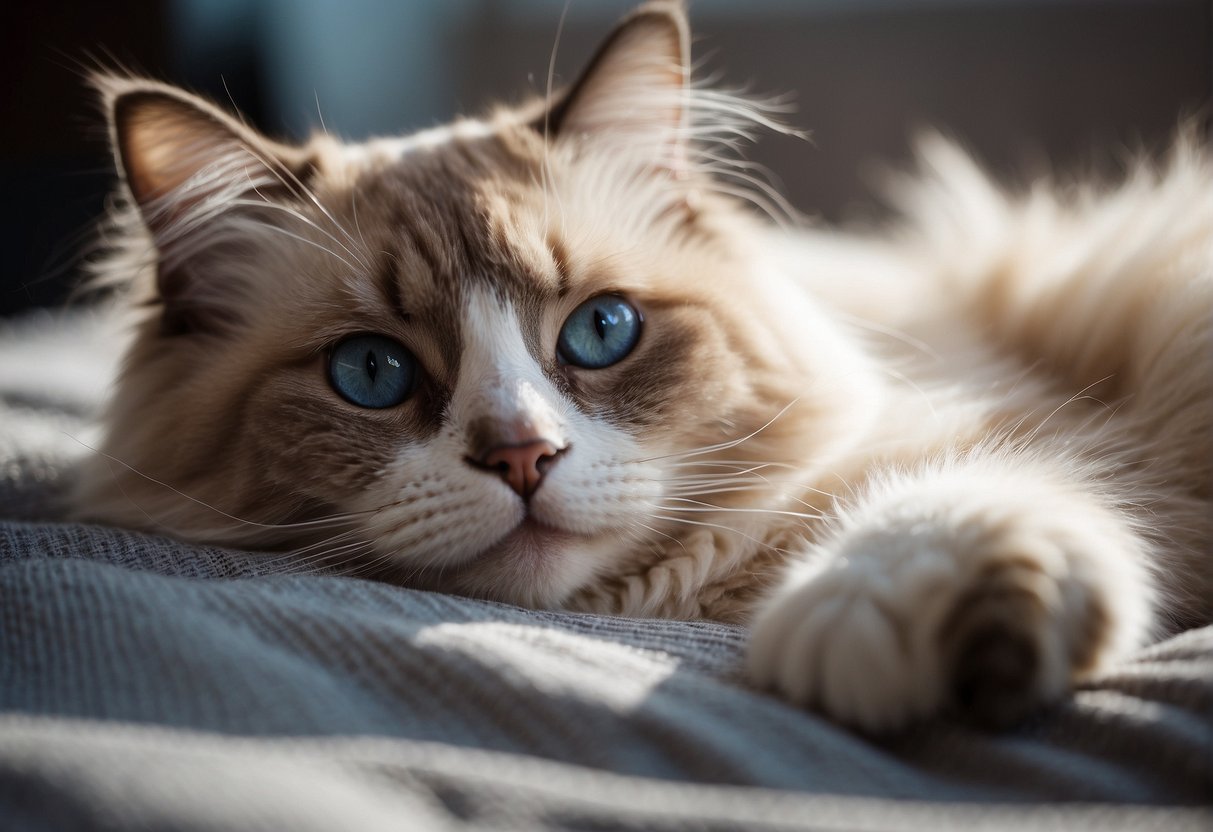A fluffy ragdoll cat lounges on a soft blanket, gazing affectionately at its owner. Its long, silky fur and gentle expression exude warmth and comfort