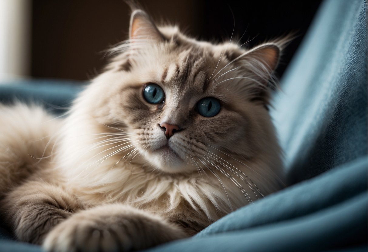 A fluffy ragdoll cat lounges contentedly in a cozy armchair, nuzzling against a soft blanket with a serene expression on its face