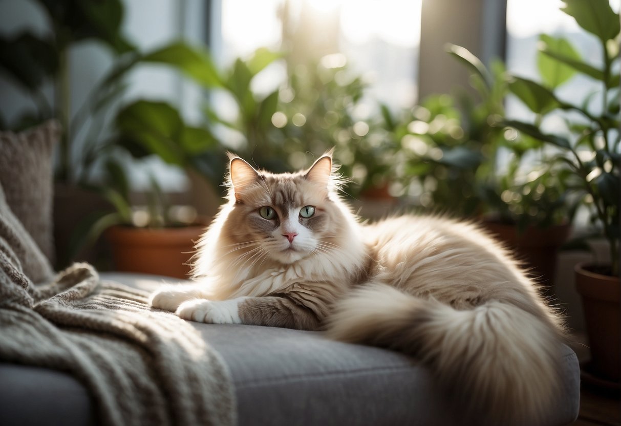 A cozy living room with a fluffy ragdoll cat lounging on a soft cushion, surrounded by indoor plants and sunlight filtering through the window