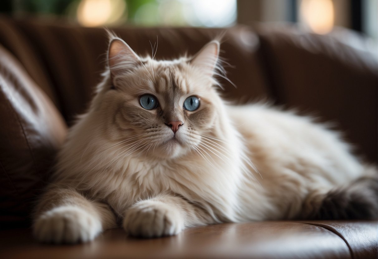 A fluffy Ragdoll cat lounges in a cozy indoor setting, with a content expression and relaxed body posture