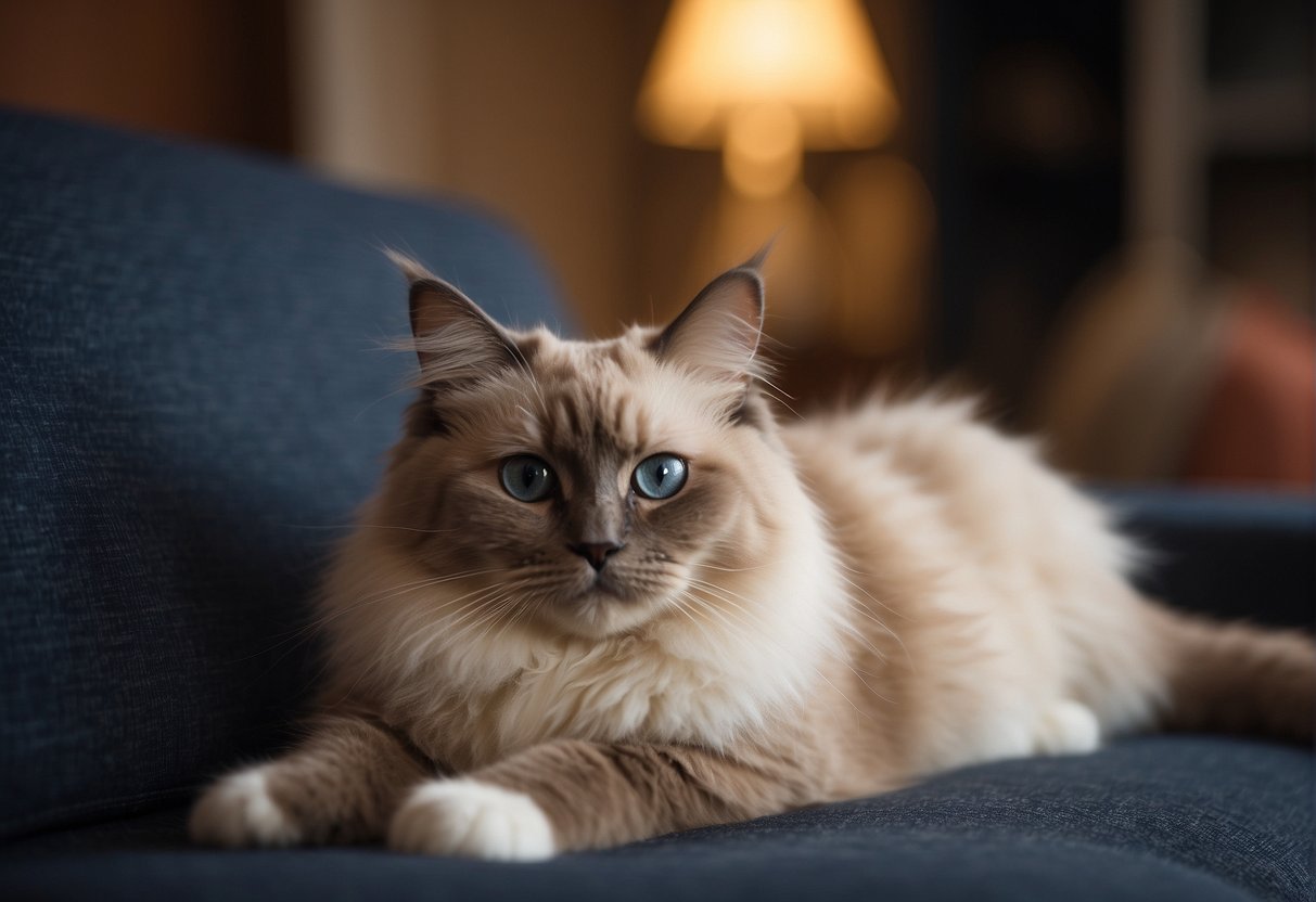 A ragdoll cat lounges comfortably indoors, surrounded by cozy furniture and toys, while a curious expression adorns its face