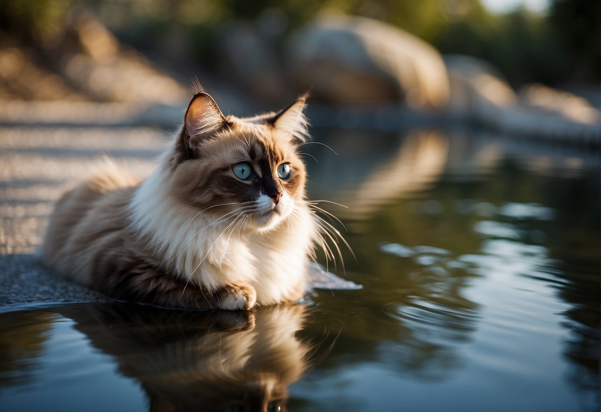 A ragdoll cat sits by a shallow pool, watching the water with curiosity