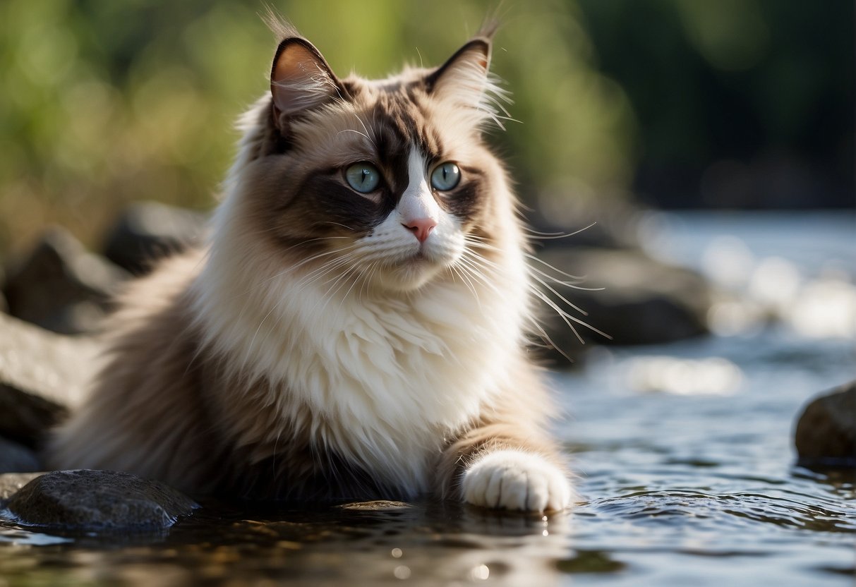 A ragdoll cat sits by a calm, shallow stream, dipping its paw into the water with curiosity