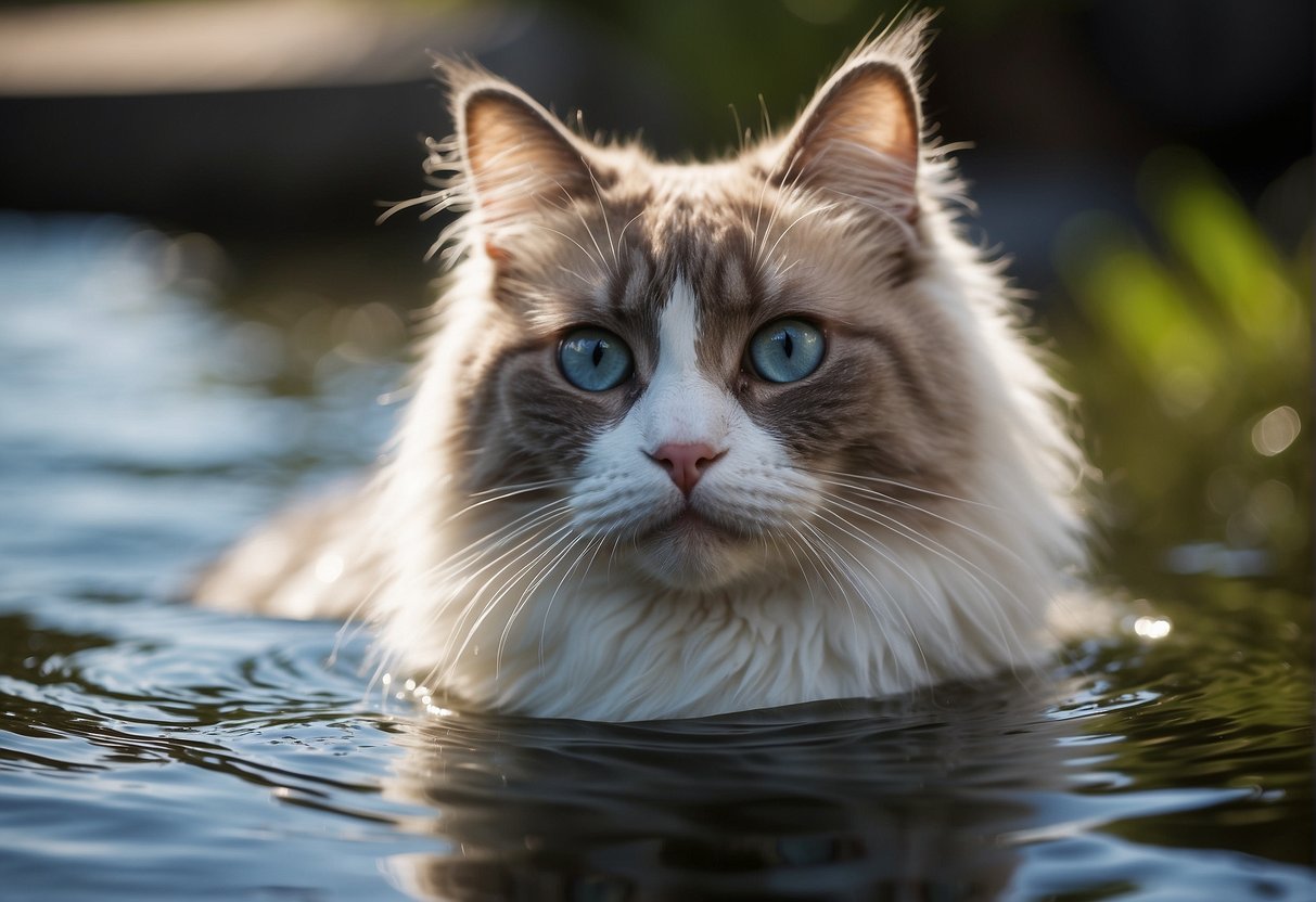 A ragdoll cat cautiously approaches a shallow pool of water, curiosity evident in its wide eyes and cautious body language