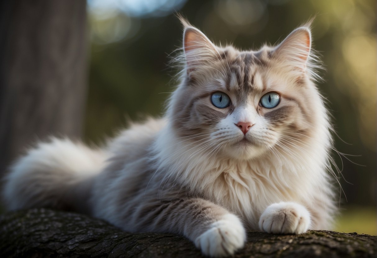 A fluffy cat with blue eyes and a pointed face, long body, and bushy tail. It has a light-colored body with darker points on its ears, face, paws, and tail