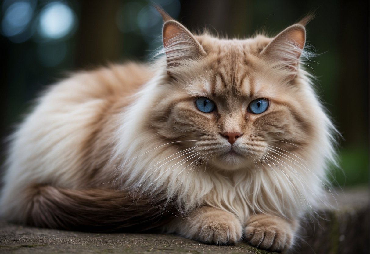 A fluffy, long-haired cat with a pointed face, blue eyes, and a bushy tail, typically in colors of cream, chocolate, or blue, with a soft and semi-long coat