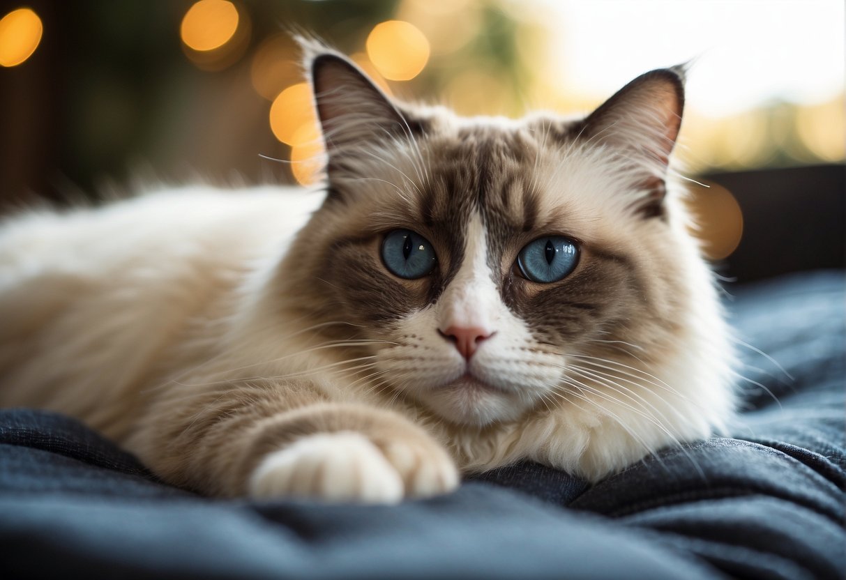 A ragdoll cat with a calm demeanor and floppy body, lounging with relaxed posture and gentle eyes, showing affection towards its owner