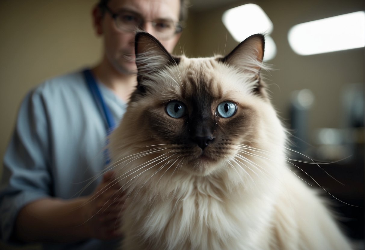 A ragdoll cat with distinct color points and a semi-long, silky coat is being examined for identification