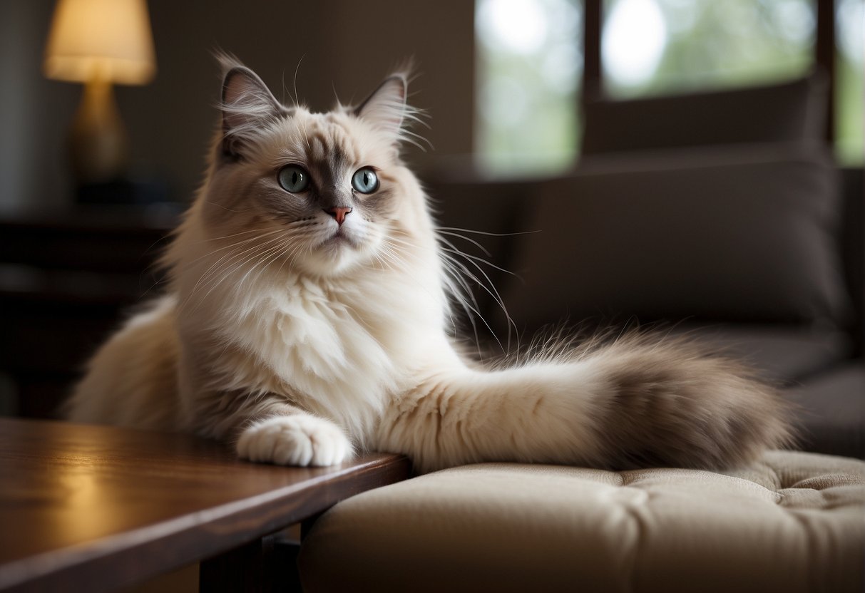 A ragdoll cat scratches a piece of furniture with its claws