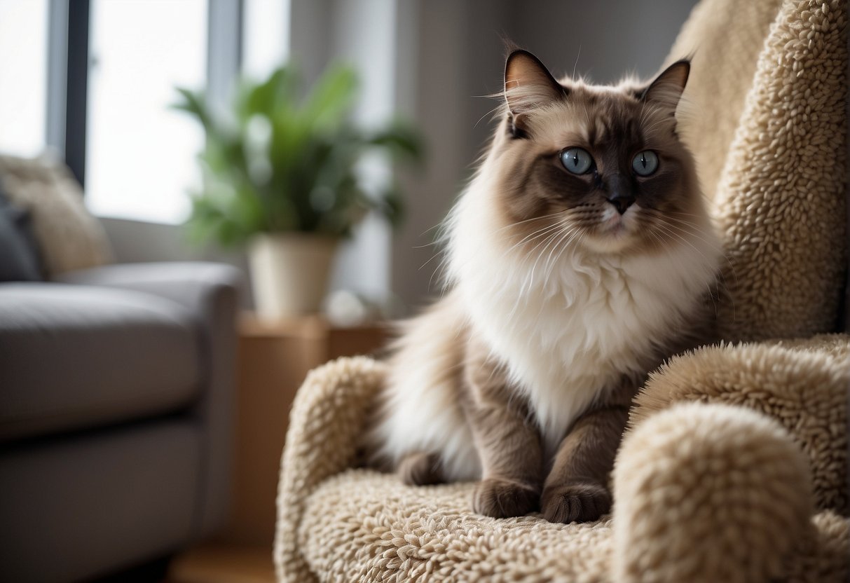 A ragdoll cat sits peacefully next to a scratching post, while a variety of cat-friendly furniture covers and deterrent sprays are displayed nearby