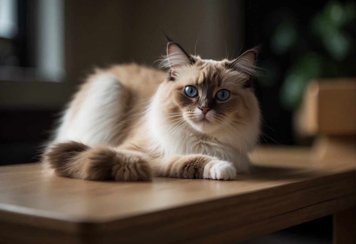 A ragdoll cat scratching a piece of furniture with a puzzled expression