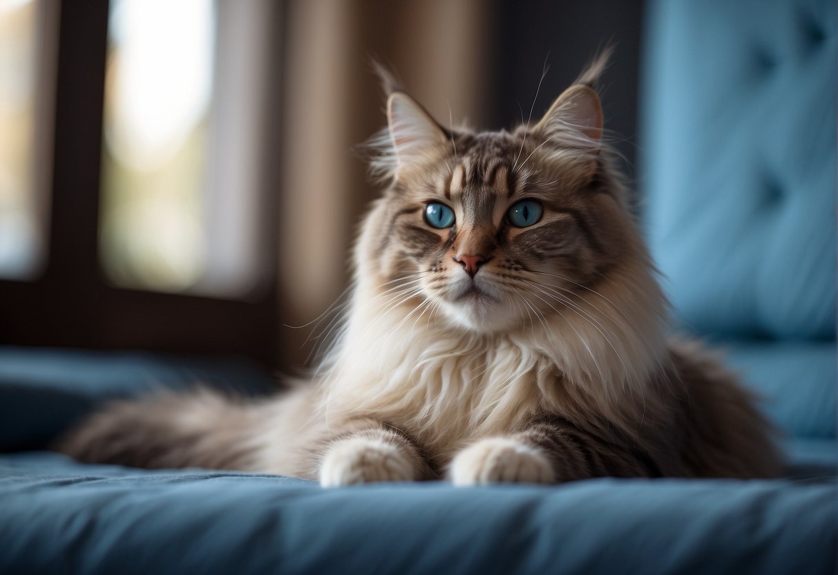A fluffy, long-haired cat with blue eyes and colorpoint fur, a triangular face, and a bushy tail