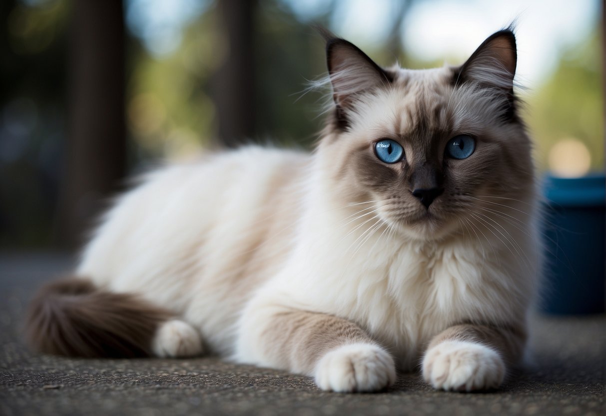 A ragdoll cat has a semi-long, silky coat with a pointed color pattern, striking blue eyes, and a large, muscular body with a docile expression