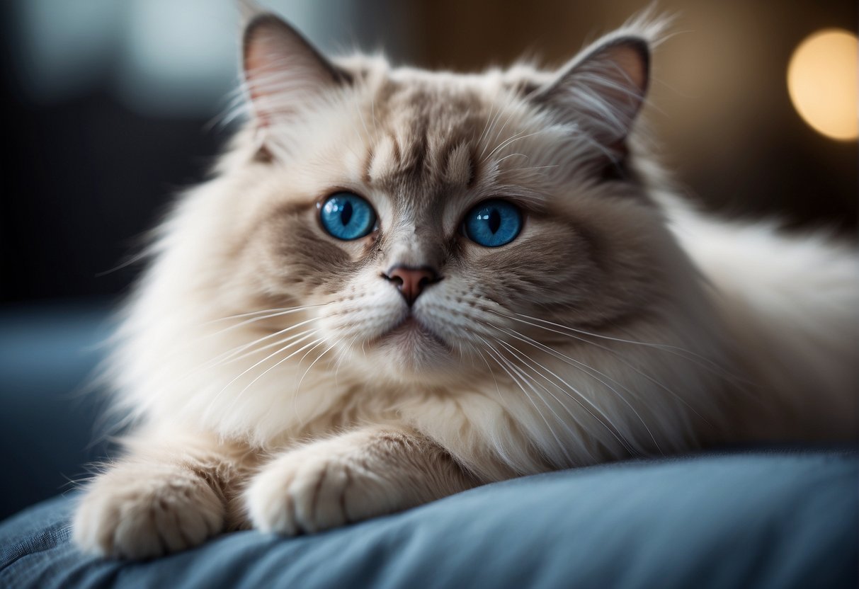 A ragdoll cat with blue eyes and a semi-long coat lounges gracefully on a cushion, its fluffy tail draped elegantly over the edge