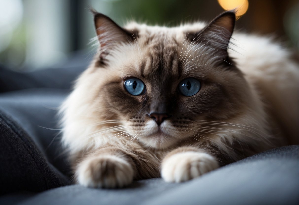 A ragdoll cat relaxes, its body going limp as it is gently picked up, showing no resistance or tension