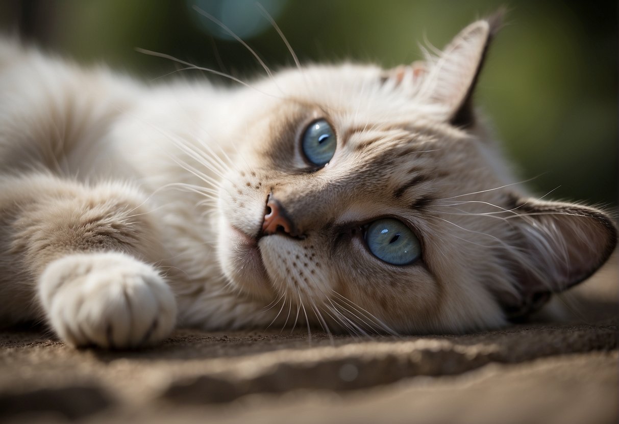 A ragdoll cat lies relaxed, limbs dangling, eyes half-closed. Its body appears limp and pliable, reflecting the breed's characteristic tendency to go completely relaxed when picked up or held