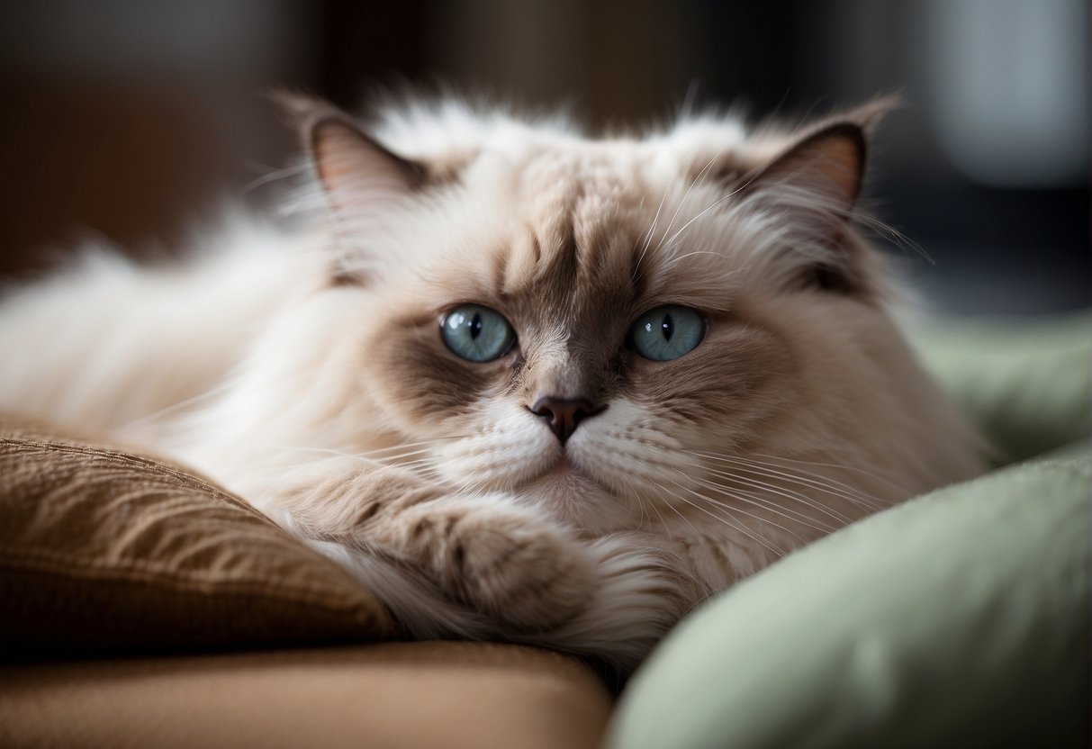 A relaxed ragdoll cat lies on a soft cushion, limbs dangling loosely. Its eyes are half-closed, and its body appears completely limp and relaxed