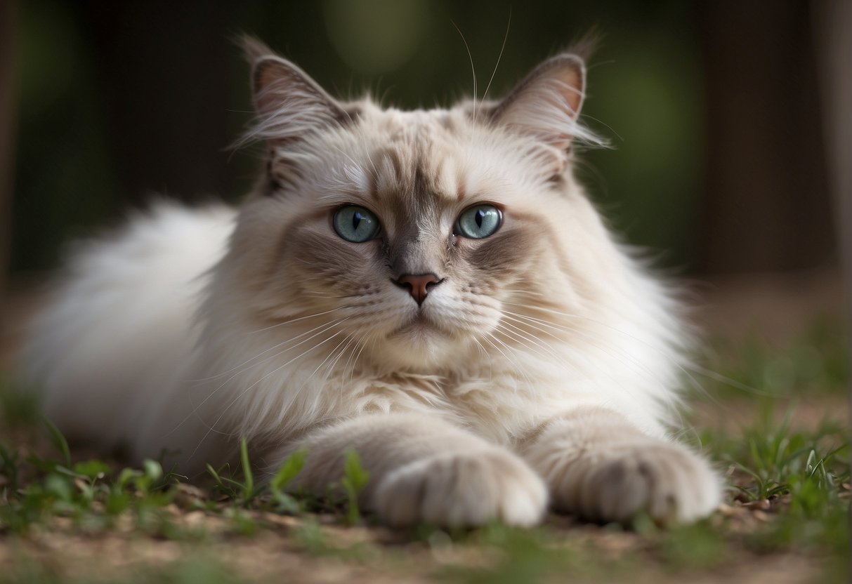 A ragdoll cat lying on its back, legs stretched out and body relaxed, with a curious expression on its face