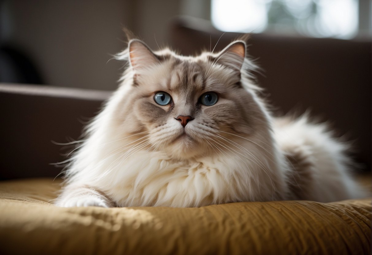 A large, fluffy ragdoll cat lounges on a cozy bed, its serene expression and relaxed posture exuding a sense of calm and contentment
