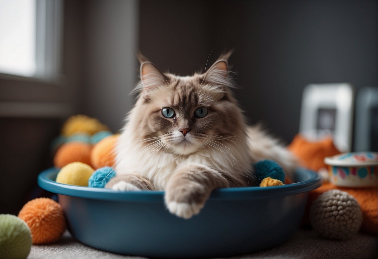 A fluffy ragdoll cat lounges in a cozy bed, surrounded by toys and a bowl of food. A vet poster on the wall emphasizes health and care considerations for the feline