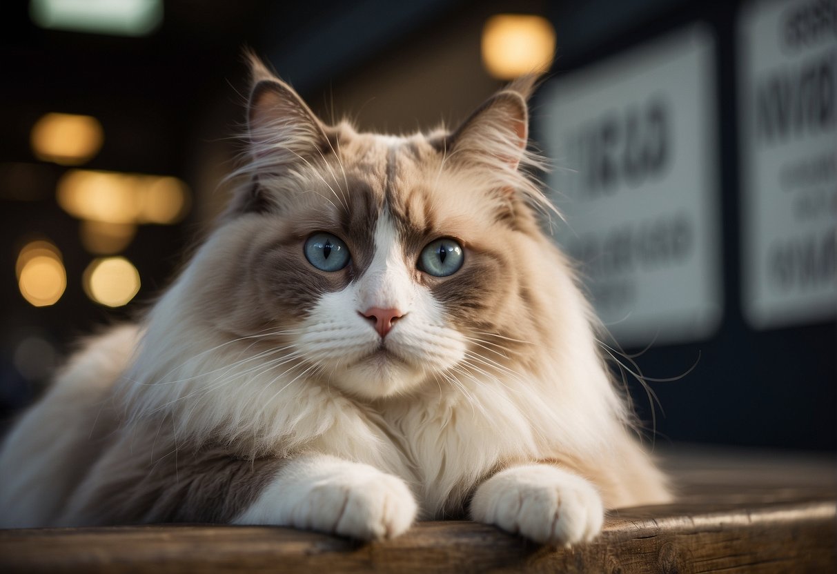 A large, fluffy ragdoll cat sits next to a sign that reads "Frequently Asked Questions: Are ragdoll cats big?" with a curious expression on its face