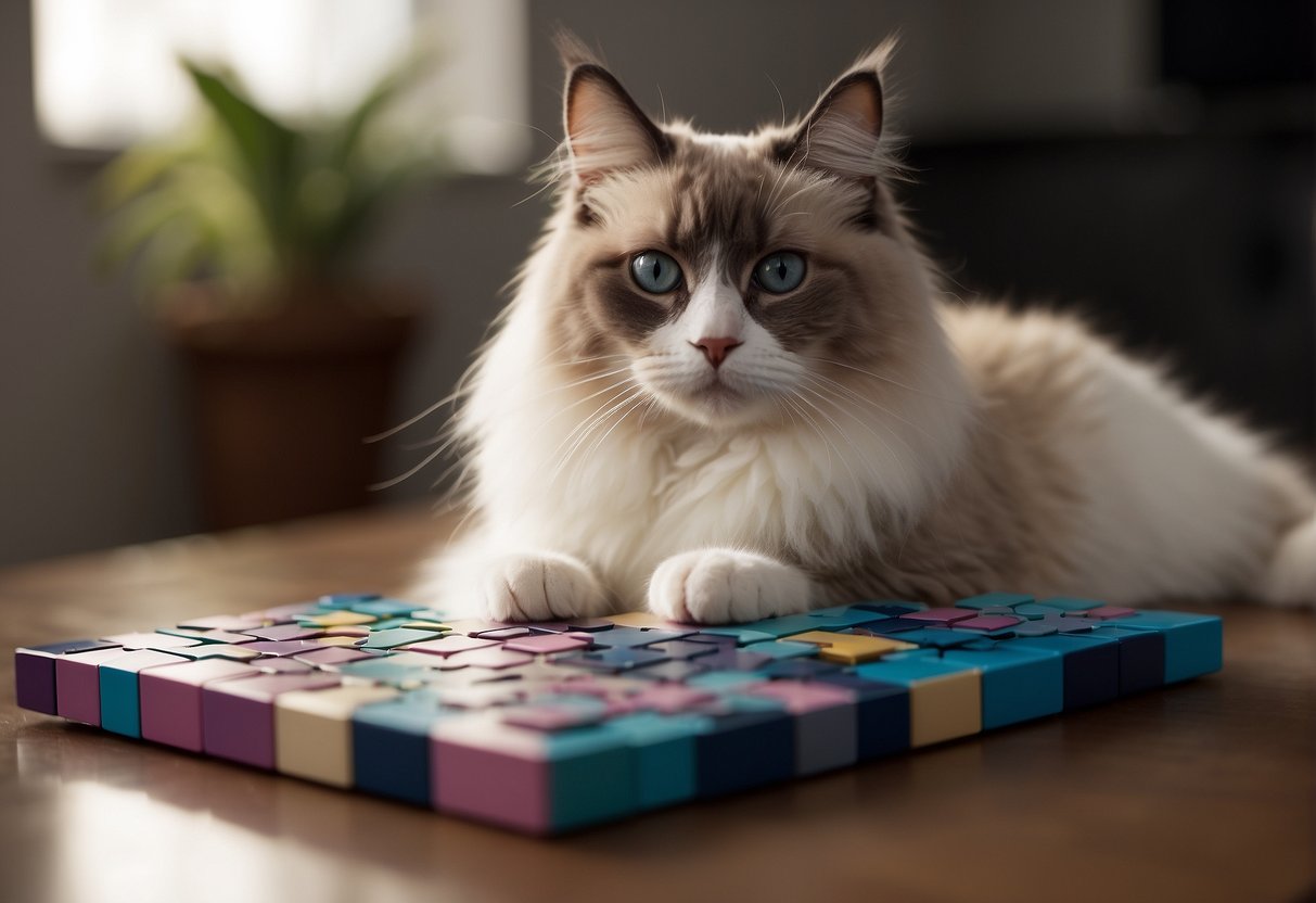 A ragdoll cat sits attentively, gazing at a puzzle toy. Its intelligent eyes show focus and curiosity as it tries to solve the challenge