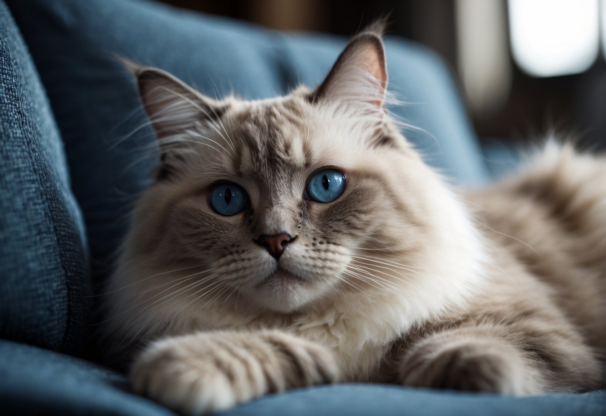 A regal Ragdoll cat lounges on a plush cushion, its piercing blue eyes gazing off into the distance, displaying its characteristic calm and gentle demeanor
