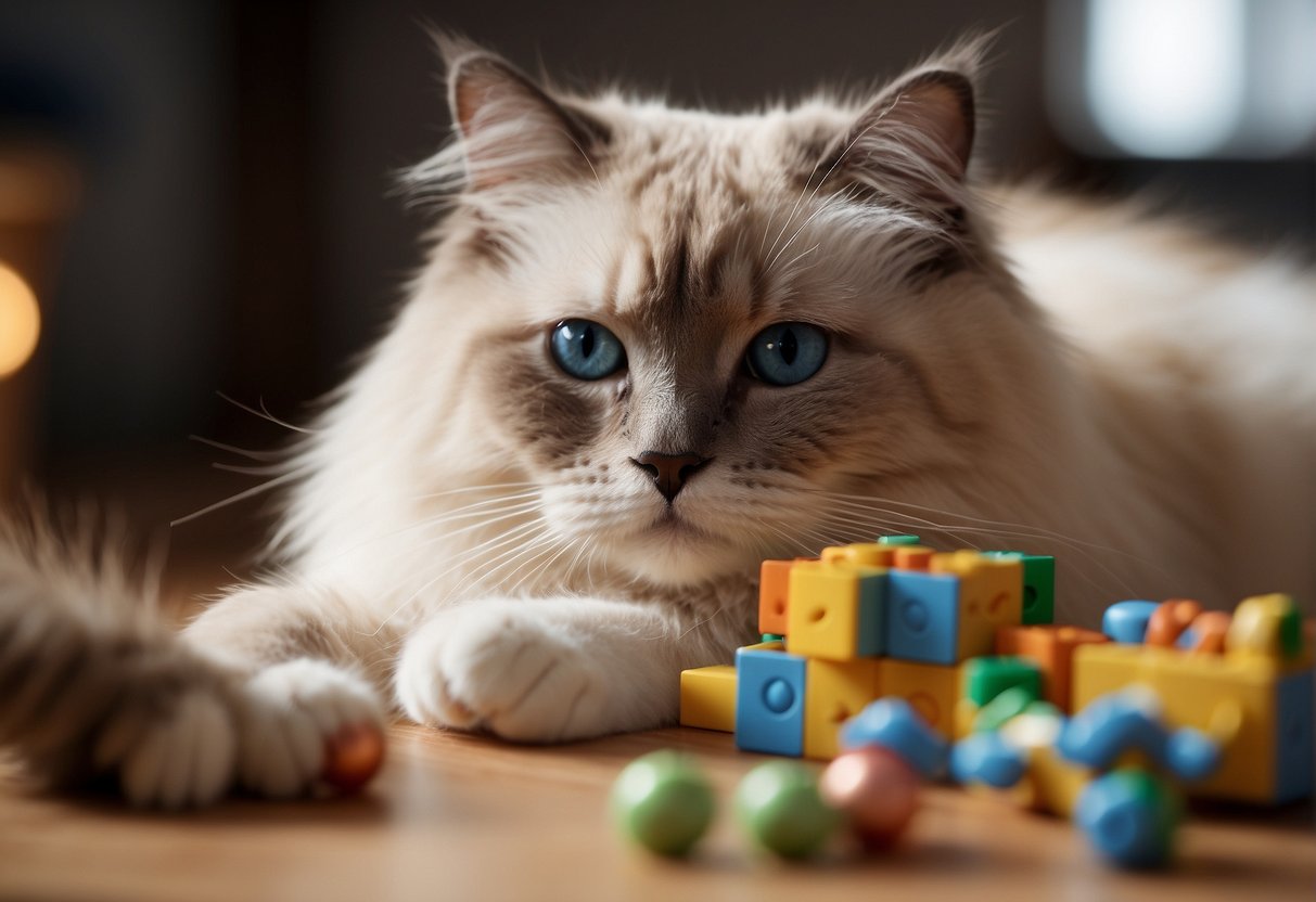A ragdoll cat sits attentively, gazing at a puzzle toy. It carefully maneuvers the pieces, demonstrating its intelligence and problem-solving skills