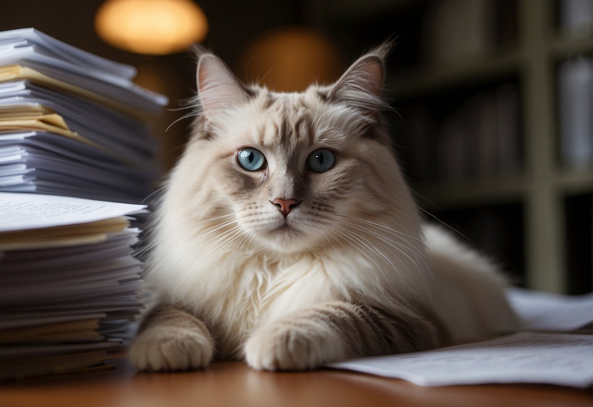 A ragdoll cat sits beside a stack of "Frequently Asked Questions" papers, looking up with a thoughtful expression