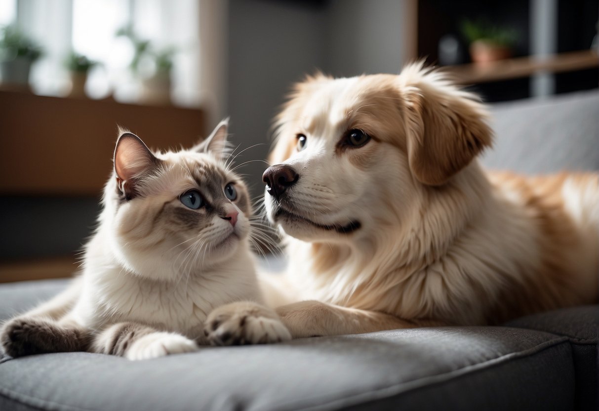 A ragdoll cat and a dog play together peacefully in a cozy living room