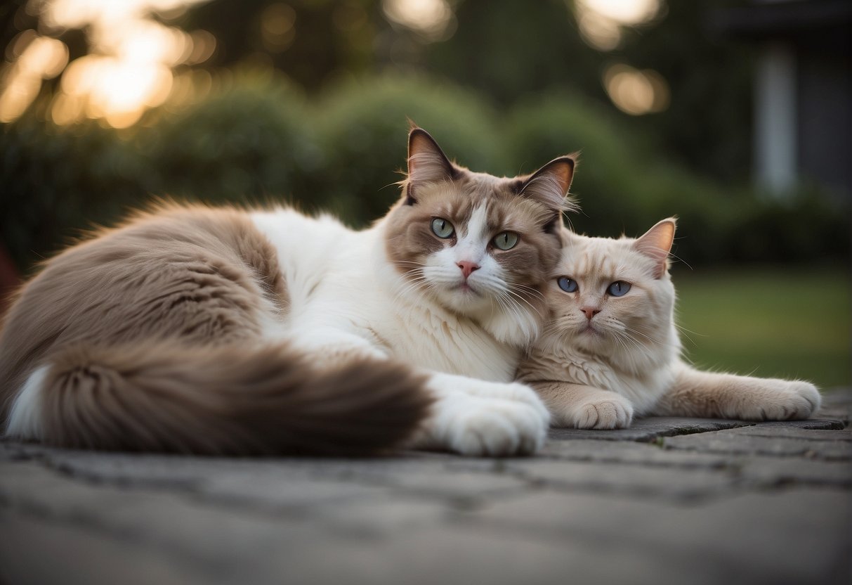 A Ragdoll cat lounges peacefully next to a calm dog, both showing relaxed body language and content expressions