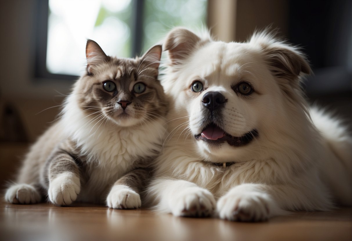A ragdoll cat and a dog peacefully coexisting, sitting or lying next to each other, with relaxed body language and friendly expressions