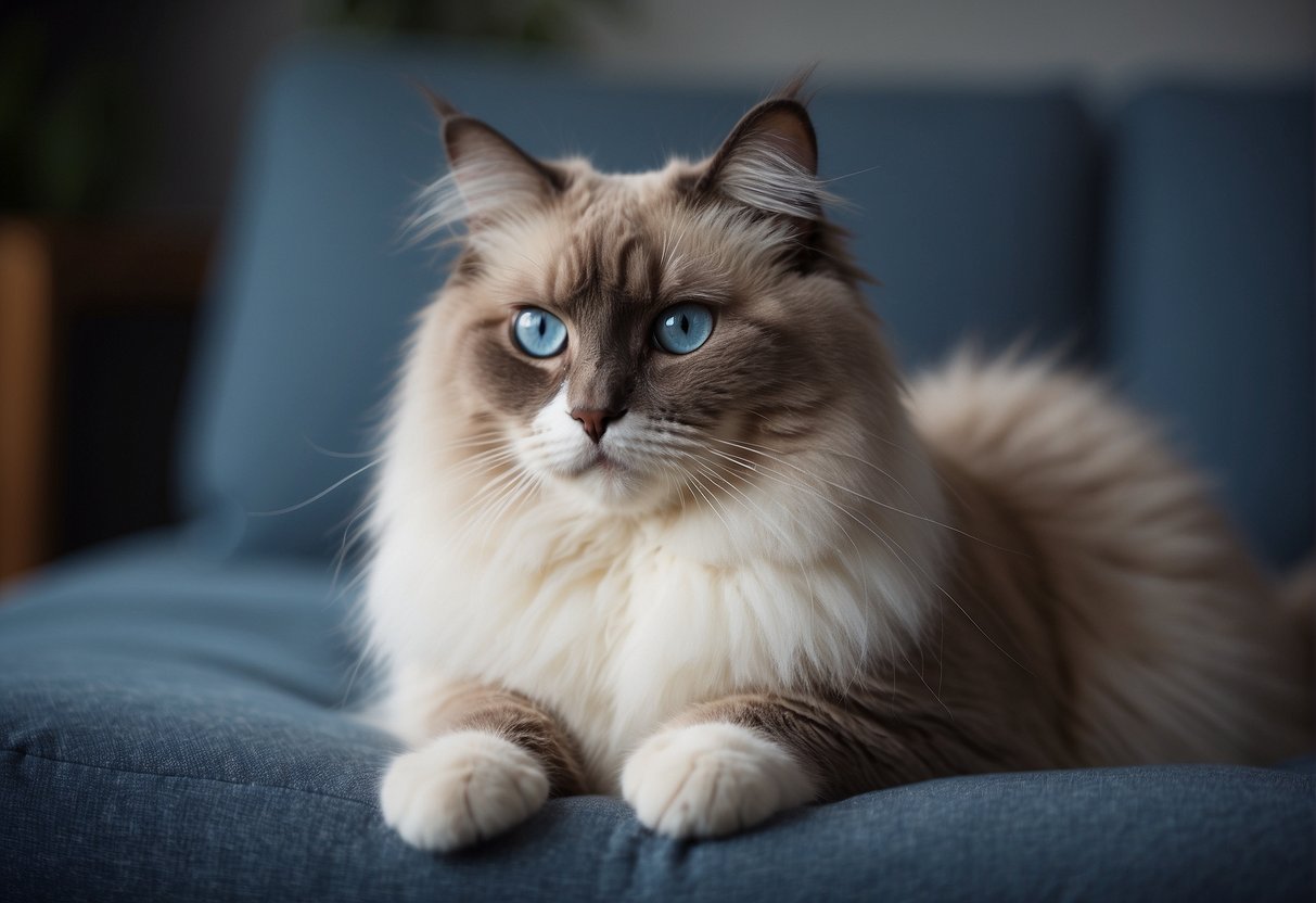 A ragdoll cat sits gracefully on a plush cushion, its blue eyes gazing serenely into the distance. The cat's fluffy, color-pointed fur exudes an air of elegance and grace
