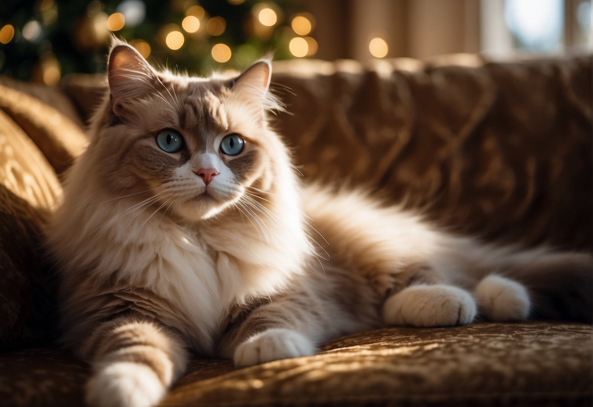 A regal ragdoll cat lounges on a velvet cushion, surrounded by luxurious toys and a gilded food bowl. Sunlight streams through a window, casting a warm glow on the opulent scene