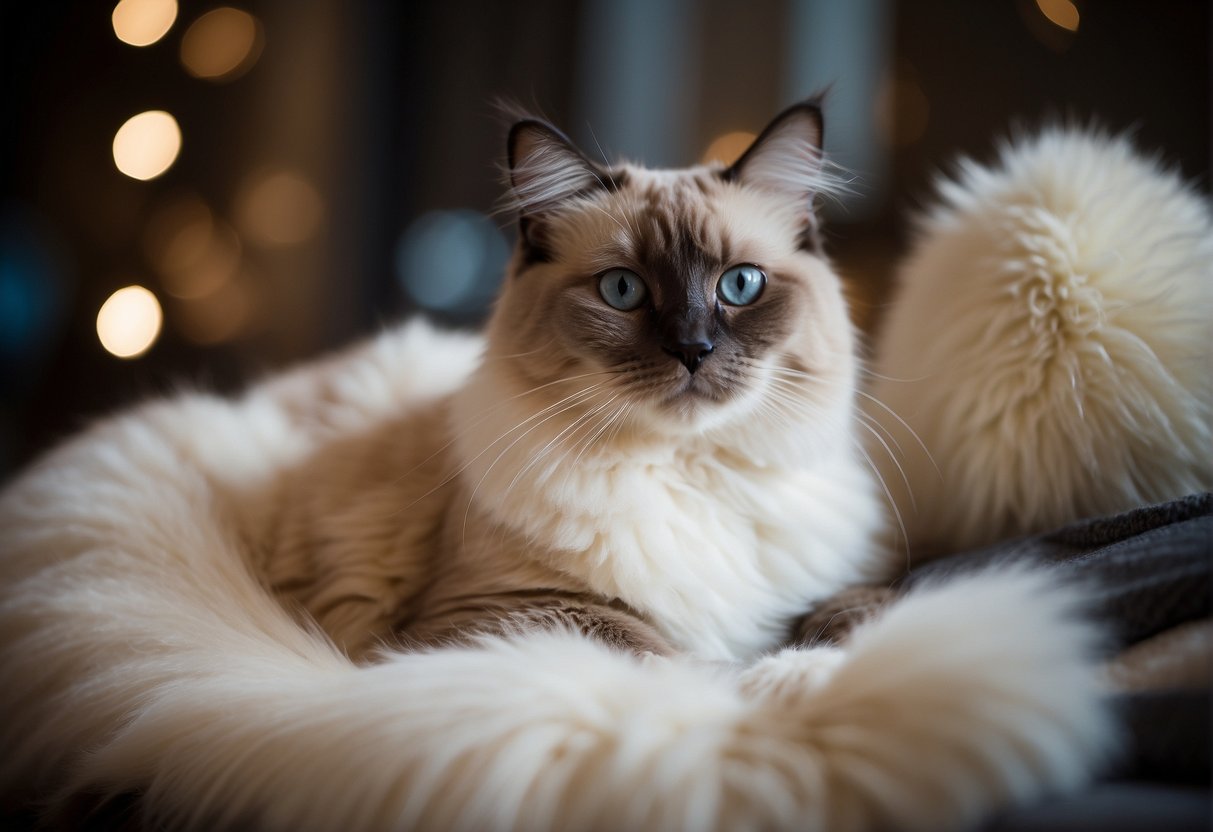 A ragdoll cat sitting on a plush cushion, with a curious expression, surrounded by question marks and a price tag