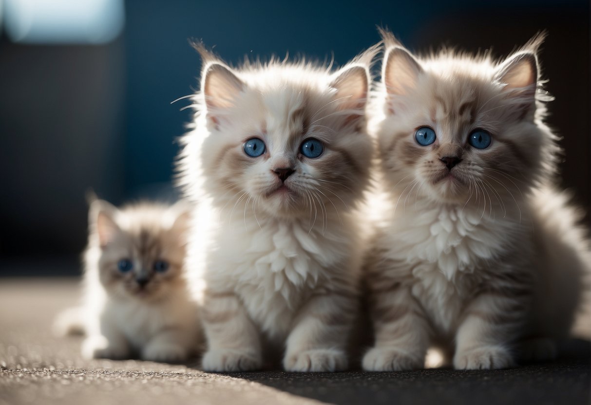A litter of ragdoll kittens playfully interact with each other, their fluffy coats and bright blue eyes catching the light
