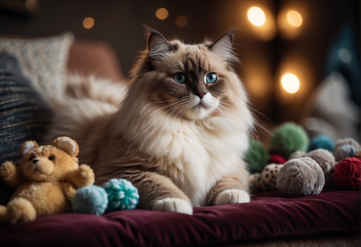 A fluffy ragdoll cat sits on a velvet cushion, surrounded by toys and a price tag. The soft fur and gentle expression convey a sense of luxury and value