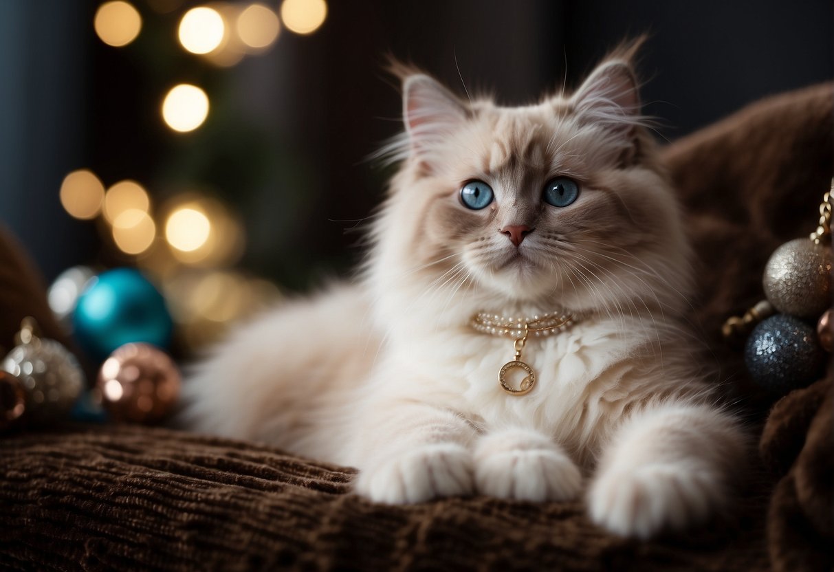 A fluffy ragdoll kitten sits on a velvet cushion, surrounded by luxurious toys and a sparkling collar. A price tag dangles from the cushion, indicating the high value of the kitten