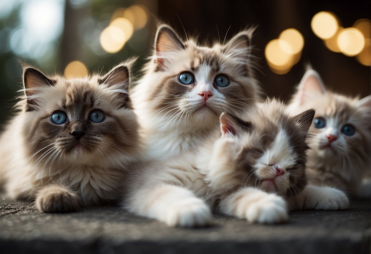 A group of adorable ragdoll kittens are playfully interacting with each other, their fluffy fur and bright eyes capturing the attention of onlookers